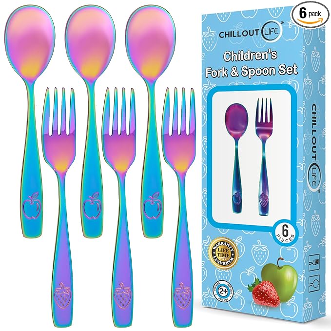 CHILLOUT LIFE Stainless Steel Kids Silverware Set 6 Pieces - Child and Toddler Safe Flatware - Kids Utensil Set - Metal Kids Cutlery Set (Includes 3 Small Kids Spoons & Kids 3 Forks, UV Rainbow)