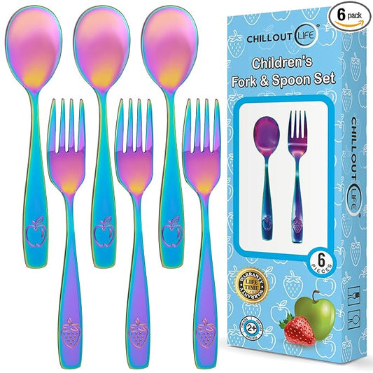 CHILLOUT LIFE Stainless Steel Kids Silverware Set 6 Pieces - Child and Toddler Safe Flatware - Kids Utensil Set - Metal Kids Cutlery Set (Includes 3 Small Kids Spoons & Kids 3 Forks, UV Rainbow)