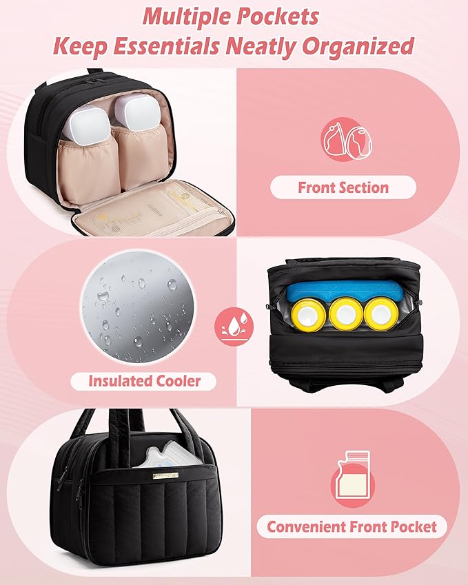 Marscamd Quilted Wearable Breast Pump Bag with Cooler Compartment, Wearable Pump Case Compatible with Momcozy and Most Brand Hands-Free Breast Pumps, Black