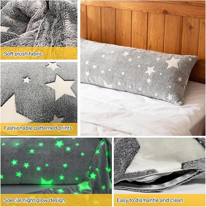 2PCS Glow in The Dark Body Pillow Cover 21x54 Inches Soft Plush Pillowcase Set with Star Pattern Grey Long Pillow Cover with Side Zipper