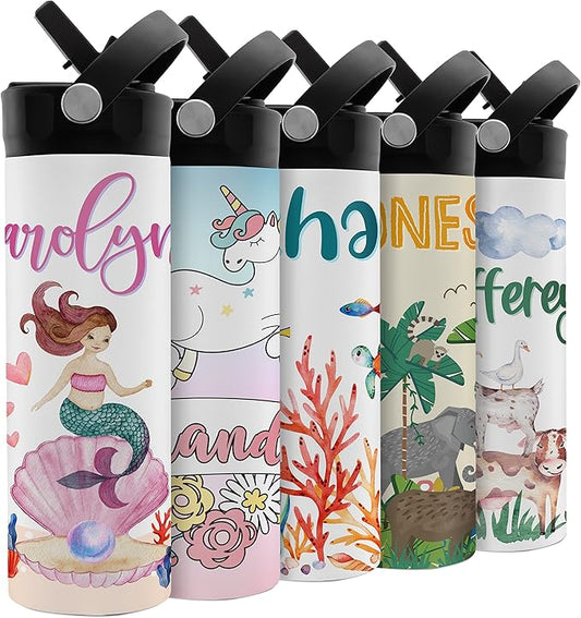 Personalized Kids Water Bottle with Straw Lid - 20 oz - 11 Wraparound Designs, Custom Water Bottle for Children, Back to School Gifts - BPA FREE, Double-Wall Insulated, Birthday Gifts - Mermaid
