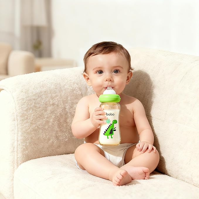 YOHKOH Natural Glass Baby Bottle with Level 2 Medium Flow Nipple, Newborn Anti-Colic Baby Bottles, Wide Neck Mushroom Baby Glass Bottle (8.8ounce (Pack of 4), Green2)