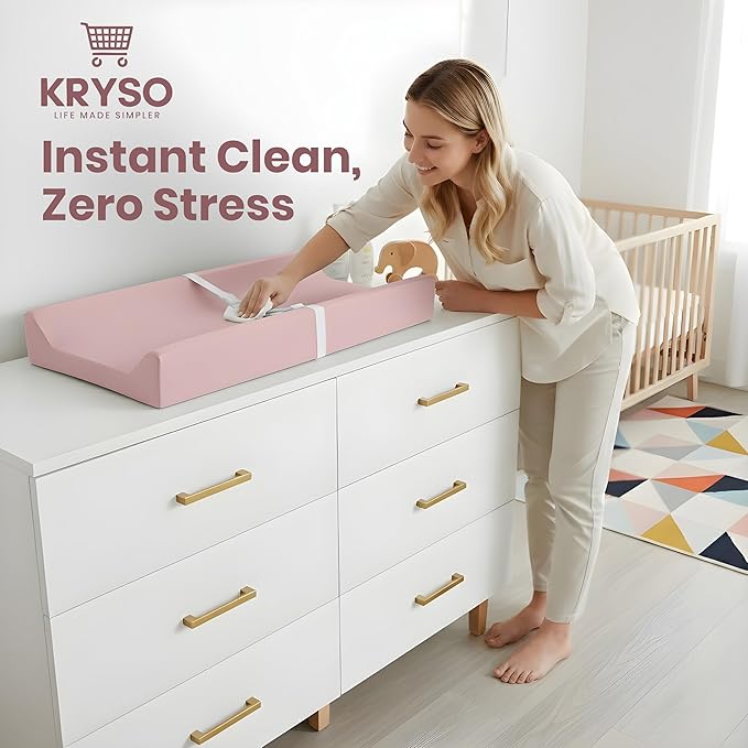 KRYSO Baby Changing Pad – Soft Vegan Leather Changing Pad, Waterproof and Wipeable Diaper Changing Mat, Easy-to-Clean Baby Mat for Newborns and Toddlers (Light Pink)