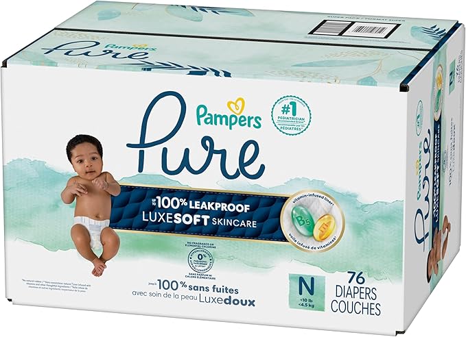 Pampers Pure Baby Diapers, Size 0 (>10 lbs), 76, Up to 100% Leakproof, Premium Hypoallergenic Soft Diapers