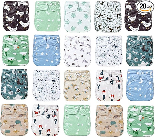KaWaii Baby One Size Pocket Cloth Diaper Shells, Washable, Reusable, Adjustable, Leakproof, Newborn to Toddler 8-36 lbs Animal Learning Bundle, Pack of 20