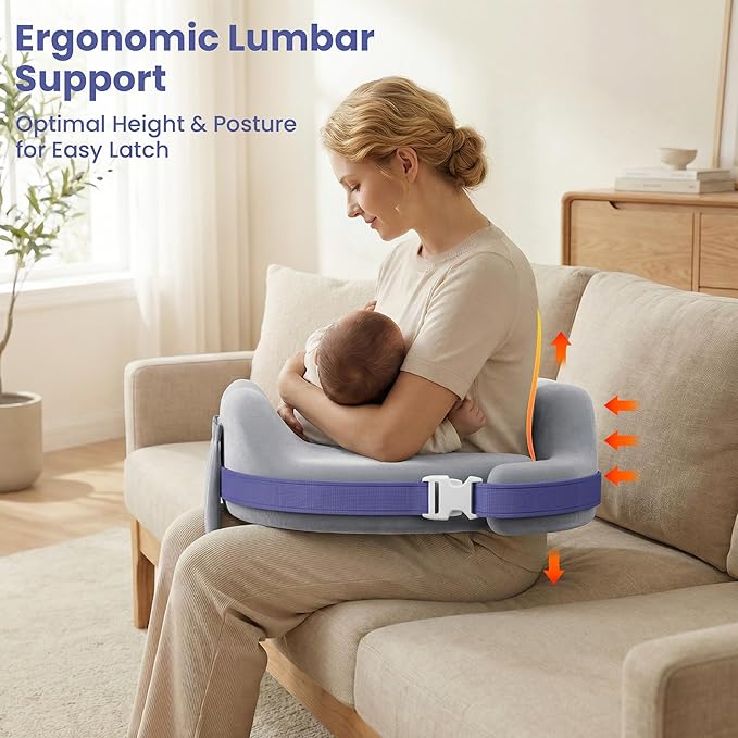 MOMFANN Nursing Pillow for Breastfeeding, 60D Firm Memory Foam, Ergonomic Lumbar Support & Safety Fence, Wider Cushion for Back Pain Relief, Adjustable Strap, Removable Machine Washable Cover -Gray