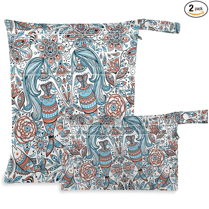 visesunny Vintage Mermaid 2Pcs Wet Bag with 2 Zippered Pockets Snap Handle Washable Reusable Roomy for Travel,Beach,Pool,Daycare,Stroller,Diapers,Dirty Gym Clothes, Wet Swimsuits, Toiletries