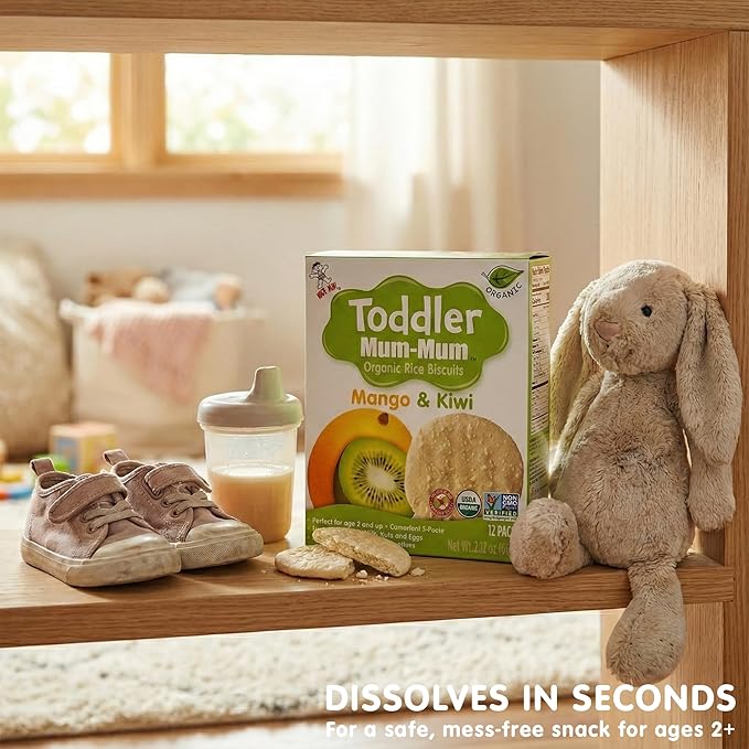 Toddler Mum-Mum Organic Rice Biscuits, Mango & Kiwi | 24 Count (Pack of 6) | Gluten Free, Allergen Free, Non-GMO | Toddler Snacks, Rice Rusk, Cracker, Cookies for Babies
