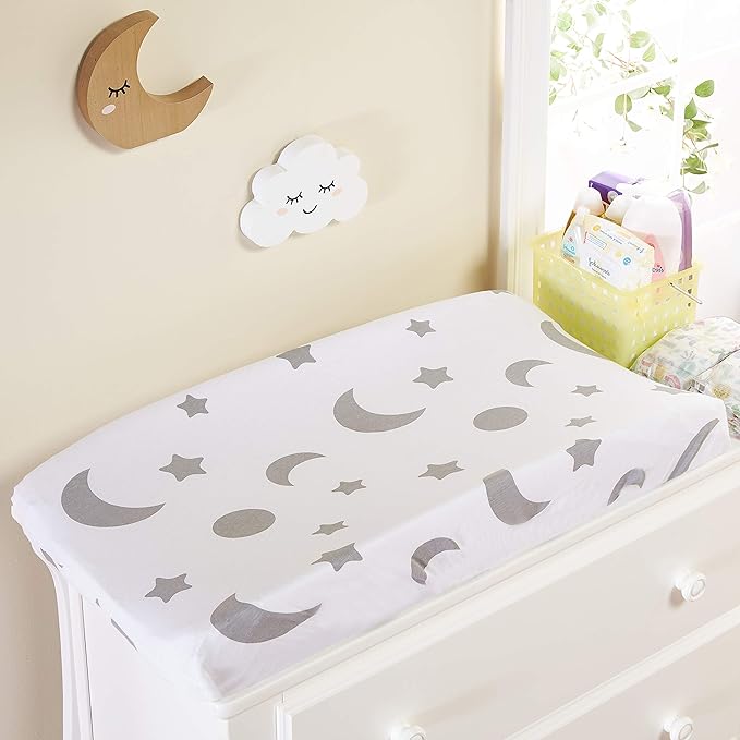 EVERYDAY KIDS 2 Pack Baby Changing Pad Covers for Boys and Girls – Fits Most Changing Table Pads; 100% Cotton Jersey Knit, Breathable, Ultra Soft Changing Table Topper - Gray Moon and Stars + Chevron