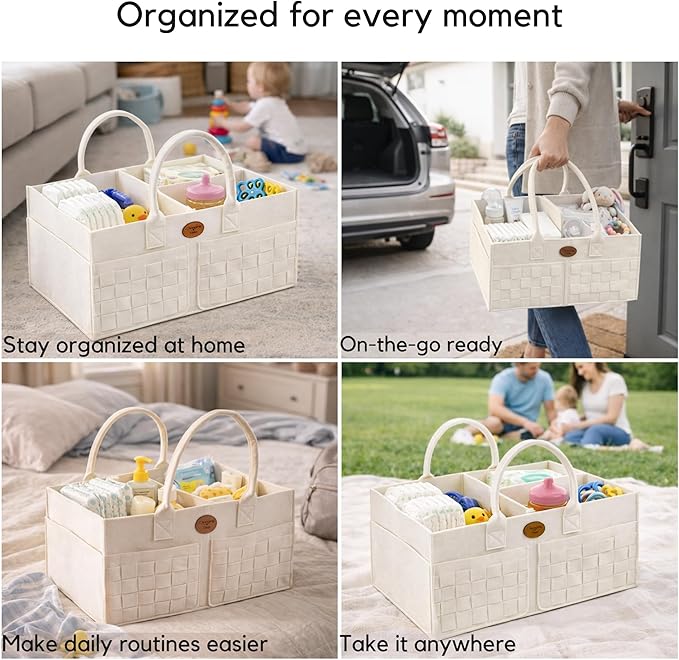 Baby Diaper Caddy Organizer for Nursery – Large Felt Storage Basket for Baby Essentials, Wipes & Diapers – Portable Nursery Organizer Bin for Changing Table or Living Room Winter White