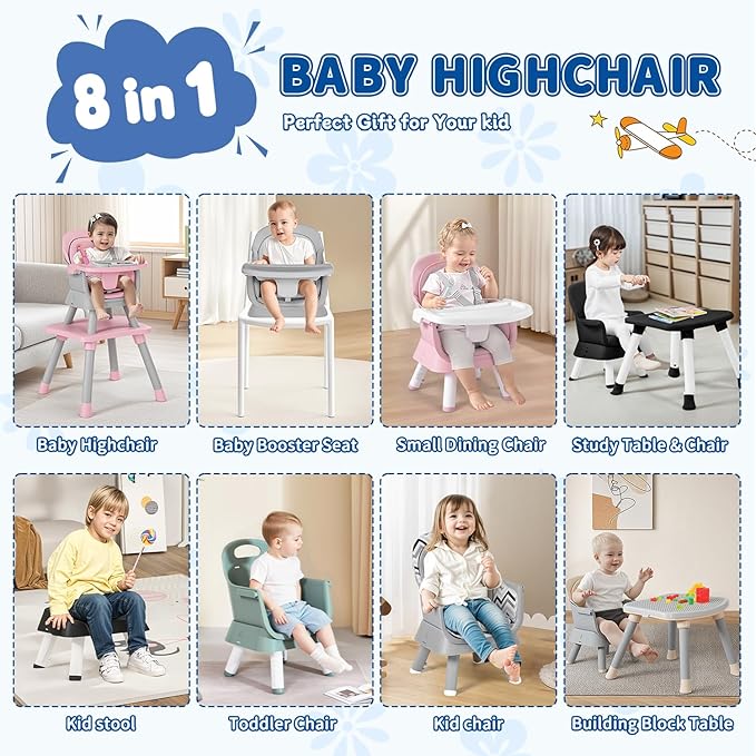 Kinder King 8 in 1 Baby High Chair, Coverts to Dining Booster Seat/Kids Table & Chair Set/Toddler Building Block Table/Kids Stool, Removable Tray & Double Seat Cover, Easy to Wipe, Black & White