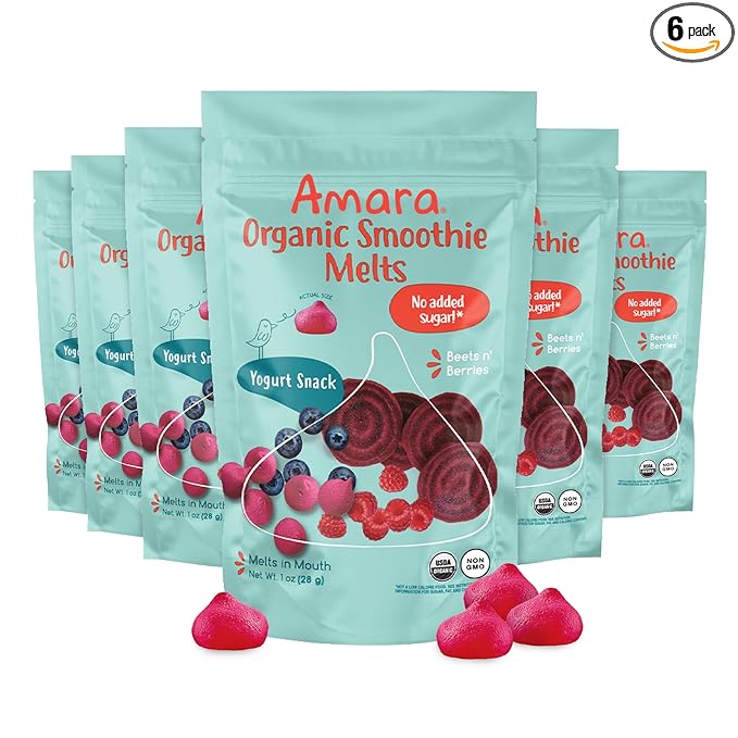 Amara Smoothie Melts - Beets n' Berries- Organic Baby Snacks w/ Fruits & Veggies - Plant Based Yogurt Melts - Healthy Toddler Snack - Activity Book Included - Enjoy From 10+ Mos - 6 Resealable Bags