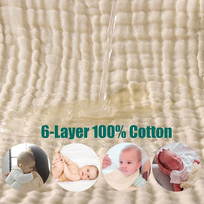 Muslin Burp Cloths 5 Pack Large 20x12 inches Baby Burping Cloths, 6-Layer 100% Cotton for Newborn Boys Girls, Ultra Soft & Absorbent （Apricot Color）