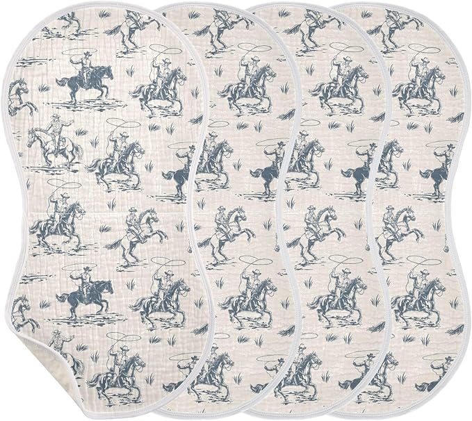 Muslin Burp Cloths for Baby Boys and Girls - 4-Pack Ultra Absorbent Western Cowboy Muslin Washcloths, Newborn Towel, Milk Spit Up Rags, Burp Cloth Bib for Unisex, 22 x 11 Inch