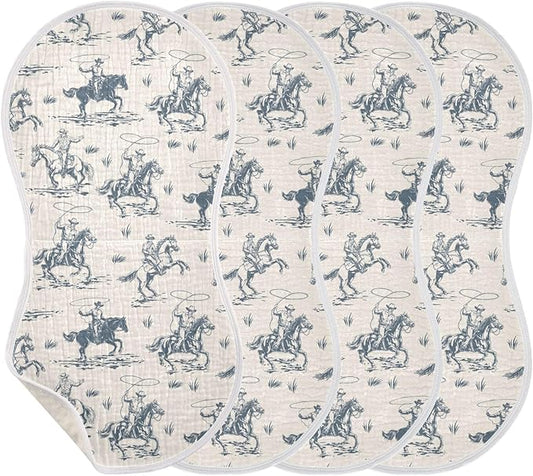 Muslin Burp Cloths for Baby Boys and Girls - 4-Pack Ultra Absorbent Western Cowboy Muslin Washcloths, Newborn Towel, Milk Spit Up Rags, Burp Cloth Bib for Unisex, 22 x 11 Inch