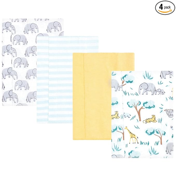Hudson Baby Unisex Baby Cotton Flannel Burp Cloths 4-Pack, Safari Friends, One Size