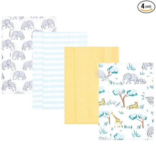 Hudson Baby Unisex Baby Cotton Flannel Burp Cloths 4-Pack, Safari Friends, One Size