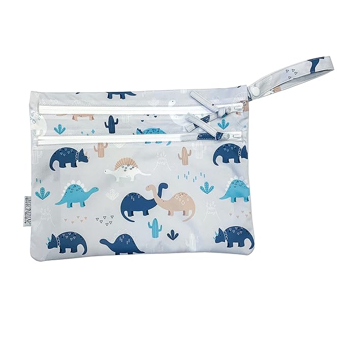 BapronBaby Desert Dinos Wet Dry Bag - Waterproof Two Zipper Pockets - Reusable for Mealtime, Diapers, Stroller, Snacks, Swimsuits - Machine Washable - 11" x 9"