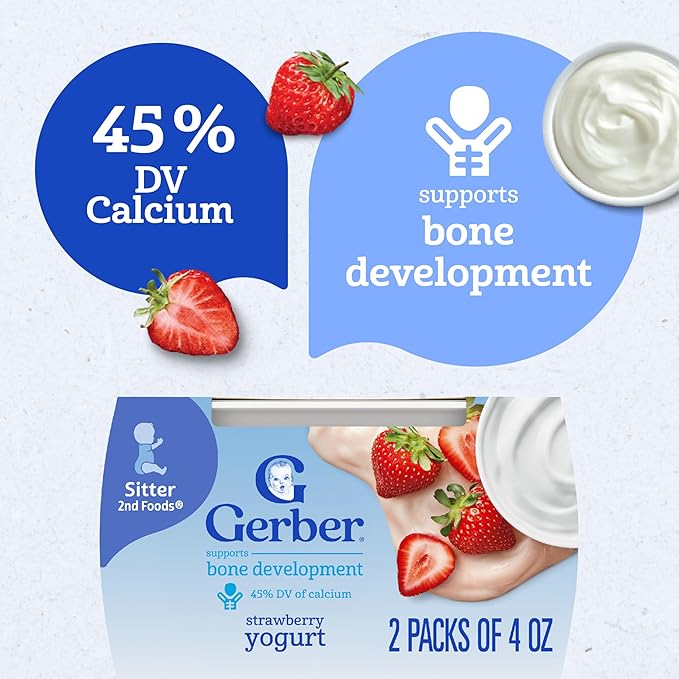 Gerber Stage 2 Baby Food, Strawberry Yogurt Tubs, Calcium Helps Support Bone Development, Baby Yogurt, 2 Count 4oz (Pack of 8)