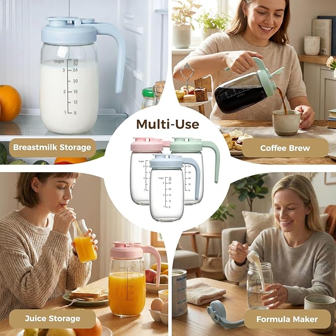 2 Pack Breast Milk Pitcher 32 OZ, Heat & Cold Resistant, Sudden Temperature Safe, Fast Baby Formula Maker with Wide Mouth, No Leak Glass Fridge Storage Container for Juice, Cold Brew-Blue, Pink