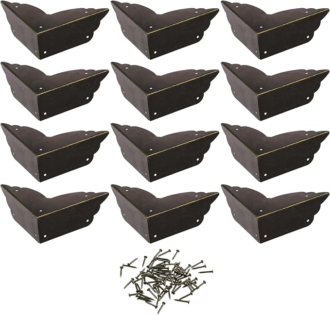 Cosmos Pack of 12 Antique Metal Box Corner Protector Edge Safety Guard Cabinet Furniture Corner Metal Bumpers, Bronze Tone Color