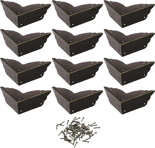 Cosmos Pack of 12 Antique Metal Box Corner Protector Edge Safety Guard Cabinet Furniture Corner Metal Bumpers, Bronze Tone Color