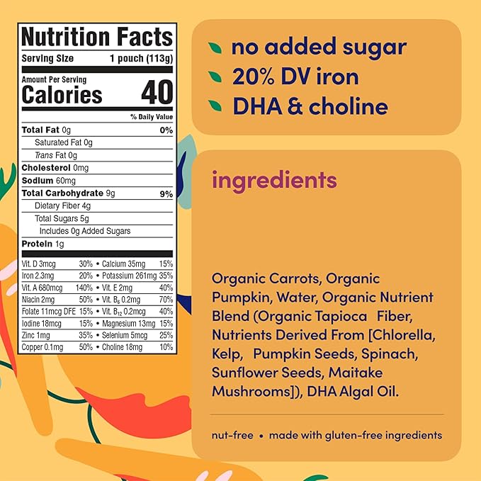 Cerebelly Organic Baby Food Pouches, Carrot Pumpkin Purees, 16 Nutrients, No Added Sugar, Fiber & Non-GMO, 4oz, 12 Pack