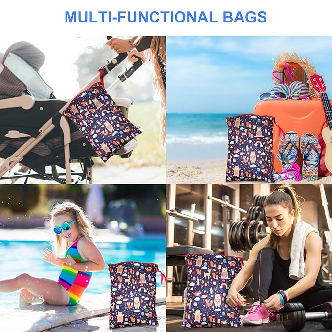 FLOCK THREE Washable and Reusable Wet Bag Diaper Bag Water Resistant Swimming Bag Travel Toiletries Pouch Cute Animals Zippered 12.6'' x 16.5''