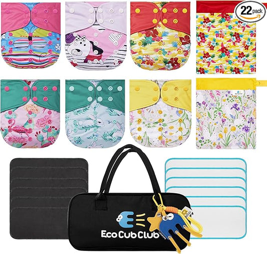 Reusable Washable Cloth Diapers 6pcs for Baby Shower,Leak-Proof Double Gussets Quick-Dry AWJ Lining,12 Soft Fleece Inserts & 2 Wet Bags,Packed in Durable Travel Handbag&Key Chain | G-02-A