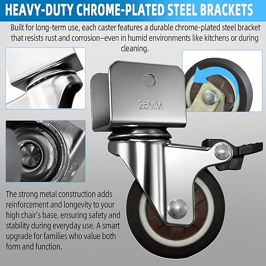 4-Pack 360° Rotation Metal Baby Highchair Wheels Compatible with Stokke Tripp Trapp High Chair, 2-Inch Silent Casters with Steel Brackets and 8-Pcs Screws, Wheels for Tripp Trapp Highchair