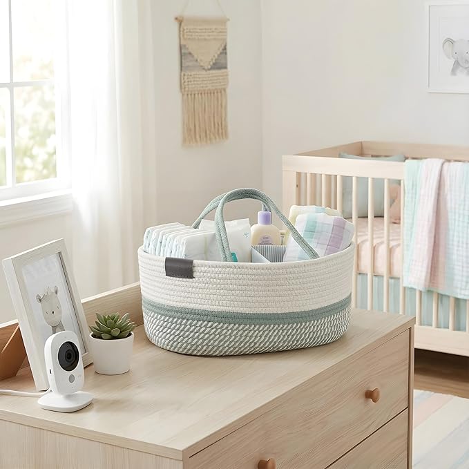 DECOMOMO XL Baby Caddy Organizer, Mother's Day Diaper Caddy Basket, Baskets for Baby Shower Gifts (Sage Green & White, Extra Large)