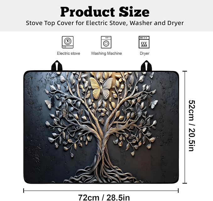 Multi-Design Stove Top Cover for Glass/Electric Stoves - 3-in-1 Heat-Resistant Protector Mat, Non-Slip Drying Rack 28"x20" (Tree of Life - Black, 28" L x 20" W)