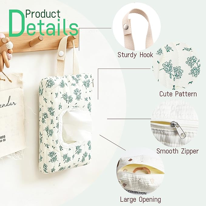 Quilted Baby Wipe Holder Floral Diaper Pouch Portable Quilted Wipes Bag for Car, Stroller