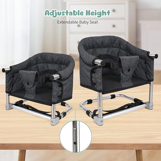 Booster Seat for Dining Table, 3-in-1 Portable Toddler Booster Chair with Safety Buckle, Height Adjustable & Foldable Baby Feeding Seat, Travel High Chair with Washable Cover & Storage Pocket - Black