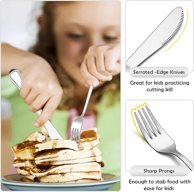 E-far 12-Piece Kids Silverware, Stainless Steel Toddler Kids Utensils Safe for Preschooler/Children, Includes 4 Forks 4 Spoons 4 Knife, Slimline Adult Look & Small Size, Rust Free & Dishwasher Safe