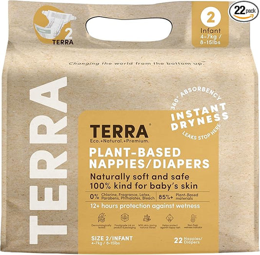 Terra Diapers Size 2: 85% Plant-Based Diapers, Ultra-Soft & Chemical-Free for Sensitive Skin, Superior Absorbency for Day or Nighttime Diapers, Designed for Babies 8-15 Pounds, 22 Count
