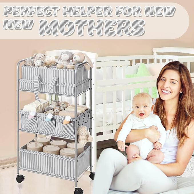 WILLBOND 2 in 1 Baby Diaper Caddy Organizer Cart, 3 Tier Large Stripe Bedside Rolling Cart Metal for Baby Essential with Divider for Newborn Registry Must Have Nursery Bedroom Mother Gift(Gray)