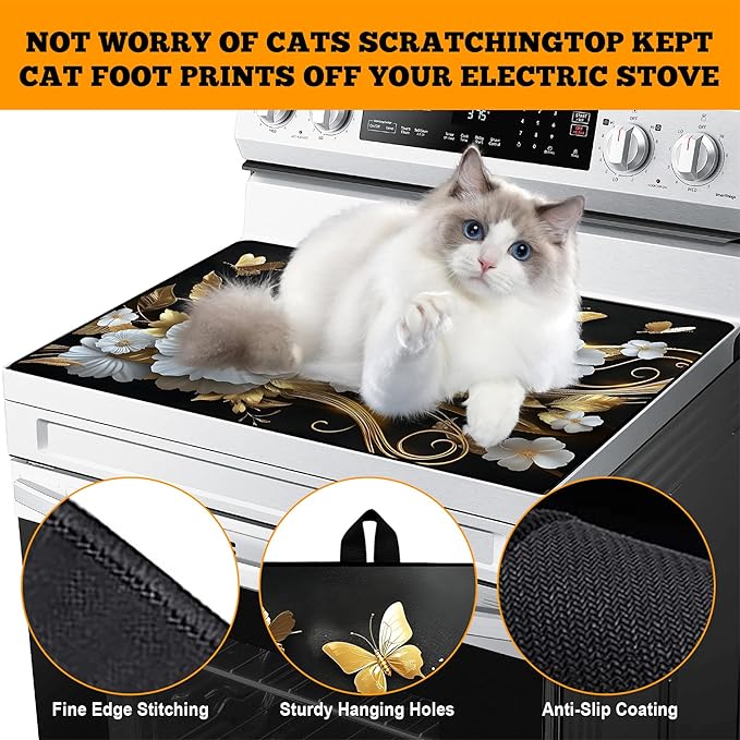 Multi-Design Stove Top Cover for Glass/Electric Stoves - 3-in-1 Heat-Resistant Protector Mat, Non-Slip Drying Rack 30" L x 21" W (Butterfly-Flower)
