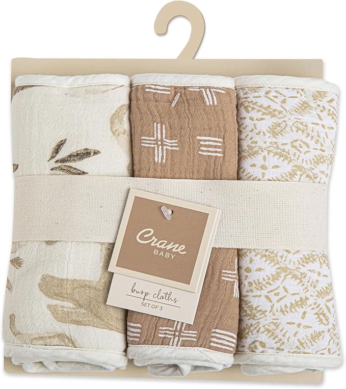 Crane Baby Muslin Baby Burp Cloths, Lightweight Absorbent Burp Cloth, Safari Animal, Set of 3, 7" x 20", Newborn Baby Essentials, Burp Cloths Baby Boy, Burp Cloths Baby Girl, Baby Newborn Essentials