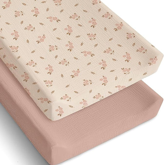 Mi Flor 2 Pack Muslin Changing Pad Cover 16x32x5 inches – Ultra Soft CPC Certified Baby Changing Table Cover with Elastic Corners, 360° Fit, Lightweight, Breathable, Fits Most Changing Pads