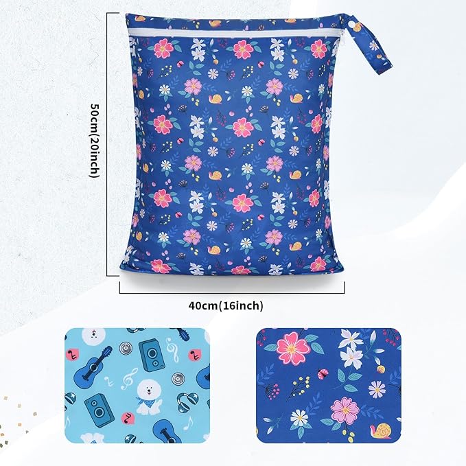 OTraki 2Pcs Waterproof Wet Dry Bags 16x20 inch Wet Bag for Beach, Gym, Yoga, Daycare With Zippered & Handle Wet Clothes Storage Bag Drying do not exceed 176℉(Flower Guitar Pattern)