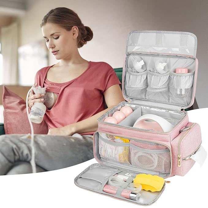 Breast Pump Bag Compatible with Spectra S1 and S2 with Insulated Compartment,Breast Pump Storage Bag with Water Resistant Mat for Pumping Essentials,Pink,Bag Only
