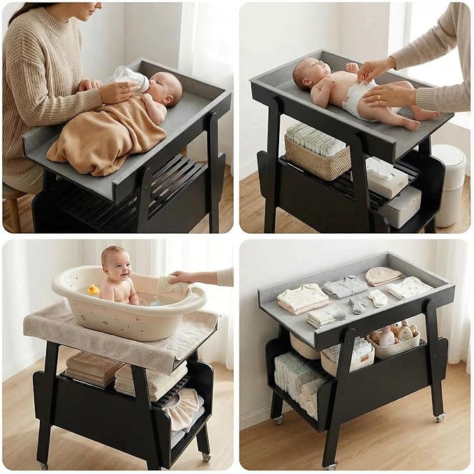 Diaper Changing Station Baby Flat Top Changing Table with Wheels and Changing Pad Nursery Organizer & Storage Rack Mobile Nursery Diaper Changing Table for Baby, Newborn (Black)