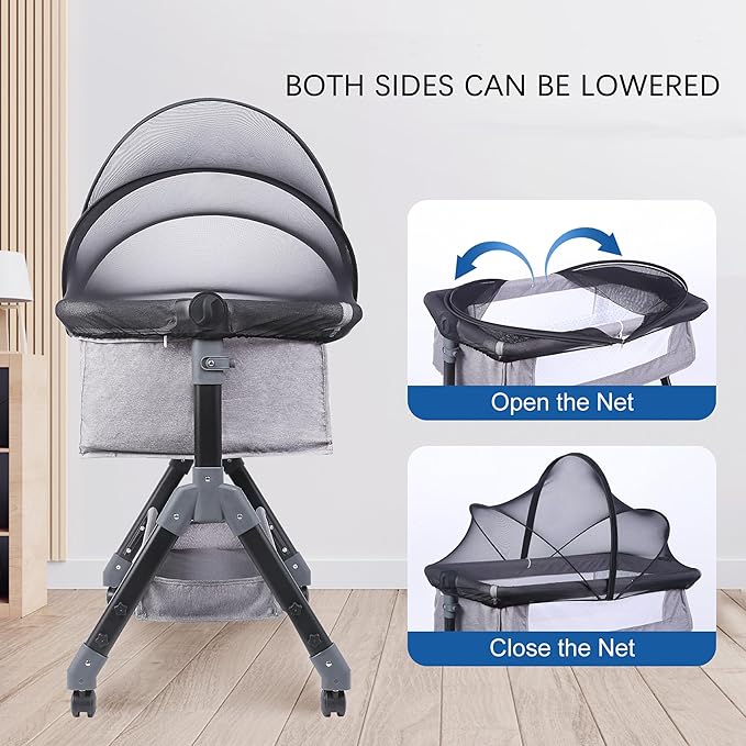 Akiky Bassinet Cover Mosquito Net with Two-Way Zippers Foldable Bassinet Bedside Sleeper Tent to Keep Cats/Bugs Out(Black)
