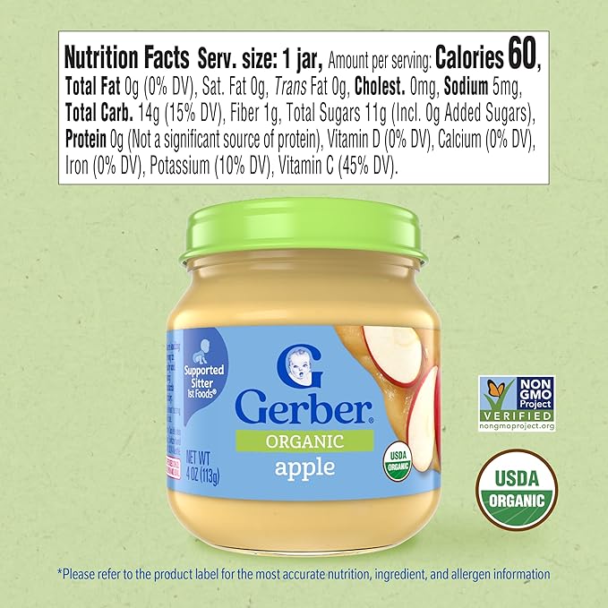 Gerber Stage 1 Baby Food, Organic Apple Jar, Fruit Puree, Vitamin C, Non-GMO, Baby Food Fruit, Puree Jars Glass, 10-pack