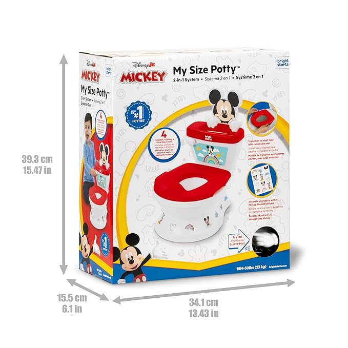 Bright Starts Disney Junior Mickey Mouse My Size Potty Training Toilet, Toddler Potty Chair with Flushing & Cheering Sounds, Removable Seat with Splash Guard & Handles, Ages 18+ Months, Up to 50 lbs