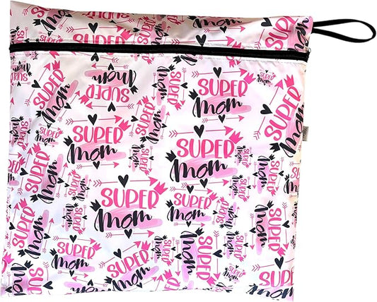 Extra Large Wet Bag, Reusable Waterproof Wet Dry Bag for Swimwear, Cloth Diapers & Travel, Leak-Resistant Fabric with Hanging Loop, 16.93 x 18.11 in (Super Mom)