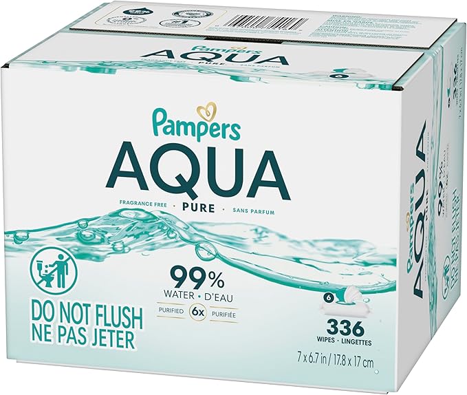 Pampers Aqua Pure Baby Wipes, 99% Water, Fragrance Free, 336 Baby Wipes Total (6X Flip-Top Packs) [Packaging May Vary]
