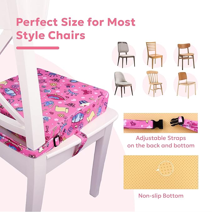 Toddler Booster Seat for Dining Table & Kitchen Chairs - Premium Foam with Non-Slip Bottom & Double Adjustable Straps, Safety Certified, Portable Travel &Easy to Clean (Pink-Princess)