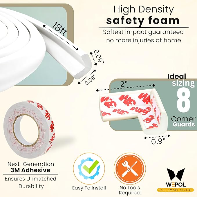 Table Edge Protector for Baby Proofing (18ft Edge & 8 Corners) Baby Proof Corners and Edges Guard, Soft NBR Rubber Foam 3M Adhesive, Furniture Corner & Edge Safety Bumpers for Table & Fireplace-White